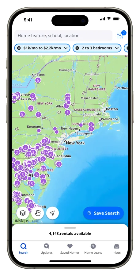 Before: the current search results screen with map and filter chips.