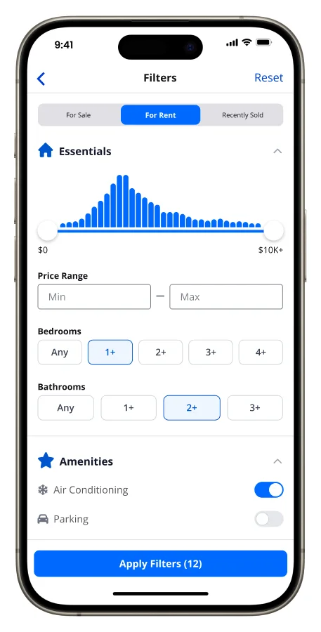 After: the redesigned filters screen with grouped, collapsible categories and toggles.
