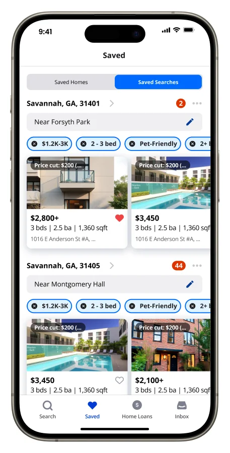 After: the Saved tab with saved searches shown as cards with filter chips.