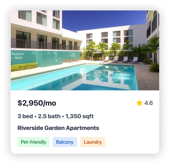 A Zillow rental listing card: Riverside Garden Apartments, $2,950 a month, 3 bed, 2.5 bath, rated 4.6, tagged pet-friendly, balcony and laundry.