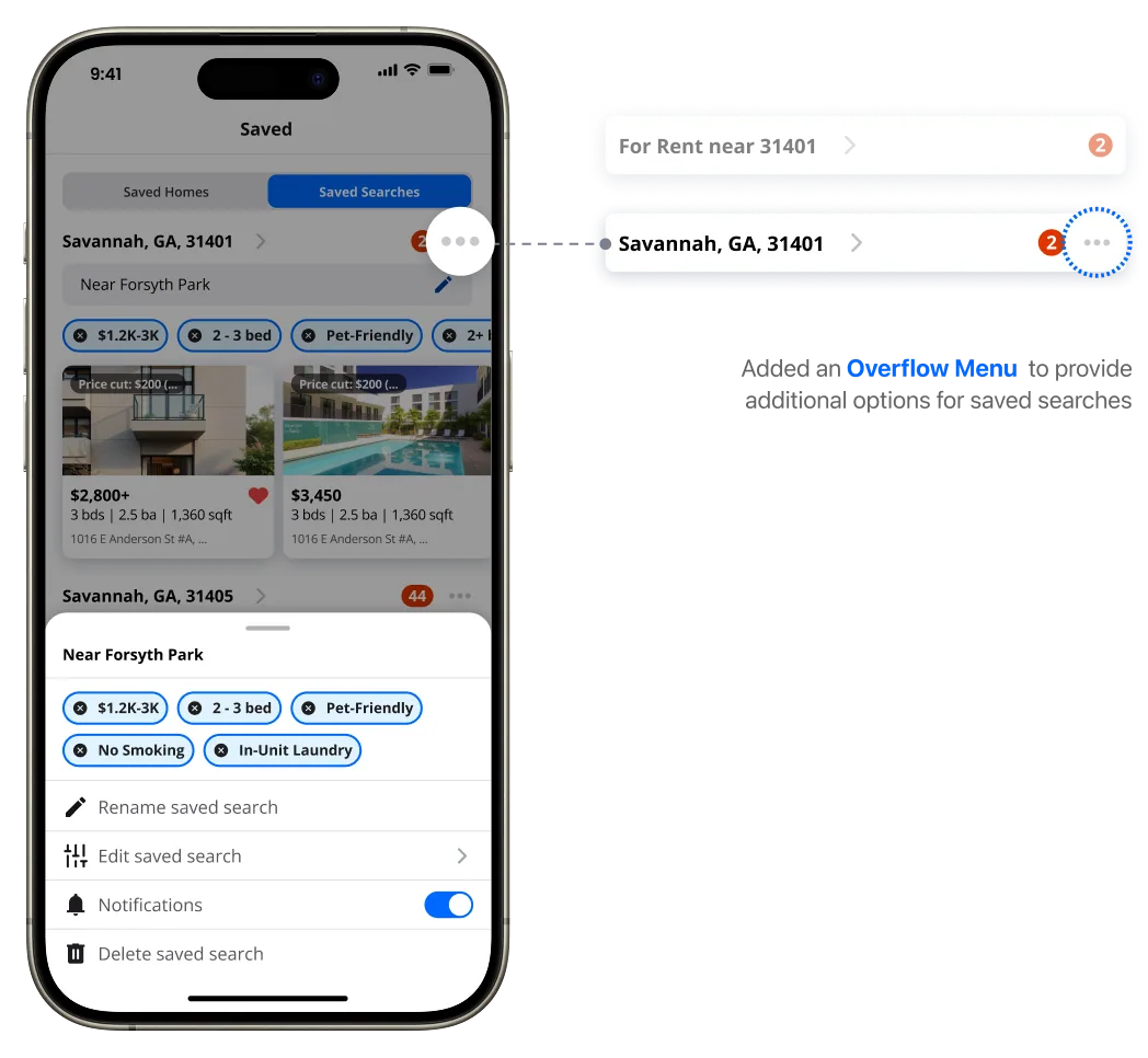 Redesigned Saved Searches screen with a new overflow menu: a bottom sheet with options to rename, edit, toggle notifications or delete a search.