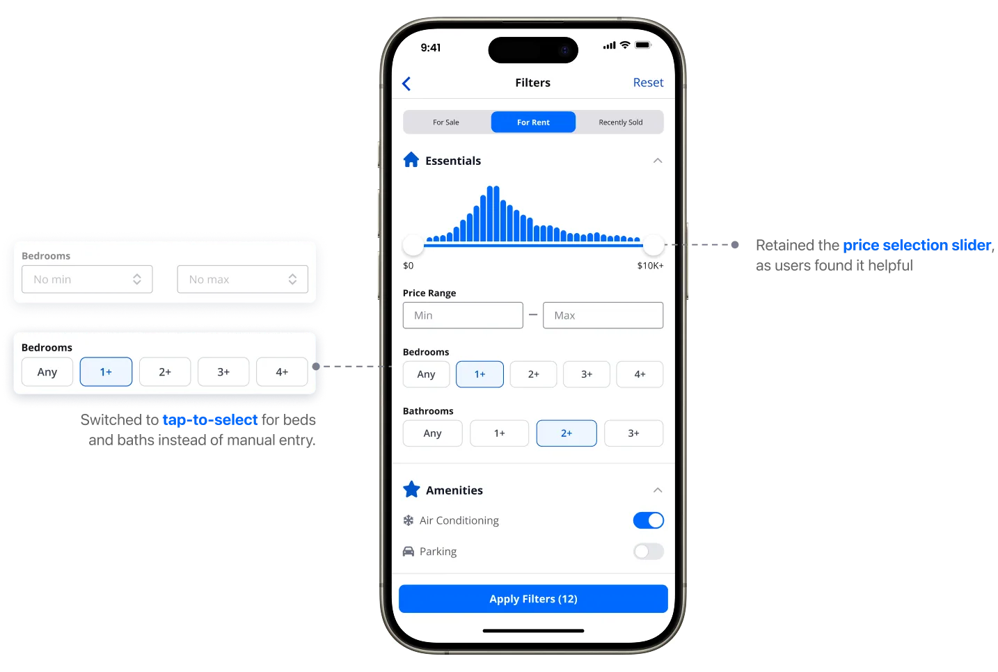 Redesigned Filters screen with annotations: the price histogram slider is retained, and bedrooms and bathrooms switched to tap-to-select buttons.