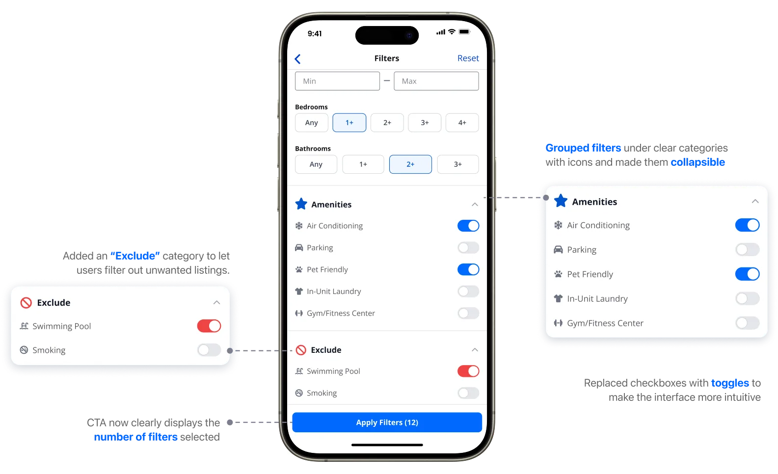 Scrolled Filters screen with annotations: filters grouped into collapsible categories, a new Exclude section with Swimming Pool toggled on, checkboxes replaced by toggles, and the Apply button showing the number of filters selected.