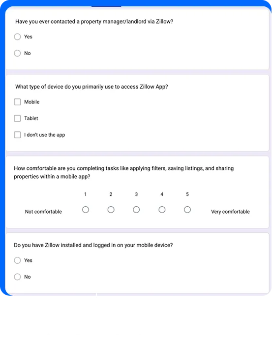 Screener survey questions on devices and comfort: which device they use, whether Zillow is installed, and comfort with filtering, saving and sharing listings on a 1 to 5 scale.