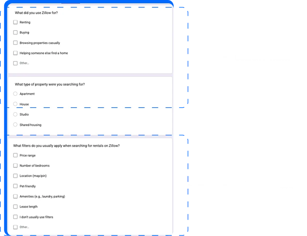 Screener survey questions on what participants use Zillow for, the type of property they look for, and which filters they usually apply.